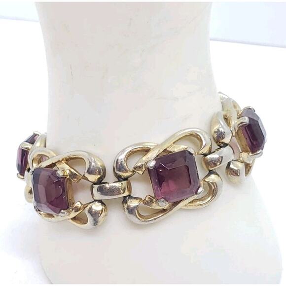 Vintage Link Bracelet Gold Wash Big Purple faceted Glass Stones Chunky Wide 60s - Picture 1 of 10